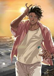 1boy arm_up azuazuazu19 bartholomew_roberts_(fate) bartholomew_roberts_(smiley_summer_wear)_(fate) beach black_hair blue_eyes bottle buttons collarbone cowboy_shot cross cross_necklace dark-skinned_male dark_skin fate/grand_order fate_(series) game_cg grin holding holding_bottle horizon jewelry looking_at_viewer male_focus necklace official_art open_clothes open_shirt orange_sky pants pink_shirt shirt shirt_under_shirt short_hair short_sleeves sky smile solo sun third-party_source unbuttoned watch water_bottle white_pants white_shirt wind wristwatch