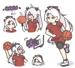 2girls ball basketball basketball_(object) basketball_jersey basketball_shorts basketball_uniform blue_archive demon_tail demon_wings dynamic_pose enobun3gyo fluffy_hair gehenna_academy_logo hair_ornament hair_ribbon hairclip halo hina_(blue_archive) horns iori_(blue_archive) knee_pads multiple_girls pointy_ears ponytail purple_eyes red_eyes ribbon shadow shoes simple_background slam_dunk_(basketball) sneakers spinning sportswear tail translation_request twintails white_background white_hair wings