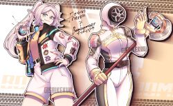 1girl armor bakuage_sentai_boonboomger belt boonboom_changer closed_mouth commentary crossover elf english_text frieren green_eyes helmet highres holding jacket long_hair long_sleeves mage_staff parted_bangs pointy_ears saikekuu shirt shorts shoulder_armor skid_mark smile solo sousou_no_frieren super_sentai twintails white_hair white_helmet