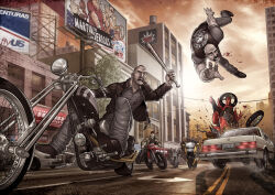 Rule 34 | 5boys, baseball bat, biker clothes, black jacket, black vest, blood, building, car, city, cityscape, denim, deviantart, grand theft auto, grand theft auto iv, jacket, jeans, johnny klebitz, male focus, motor vehicle, motorcycle, multiple boys, pants, patrick brown, poster (object), sunlight, vest