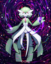 Rule 34 | absurdres, artist name, bob cut, colored skin, dress, floating, gardevoir, gen 3 pokemon, green hair, green skin, highres, looking at viewer, multicolored skin, nintendo, orez-suke, pink eyes, pokemon, pokemon (creature), two-tone skin, white dress, white skin