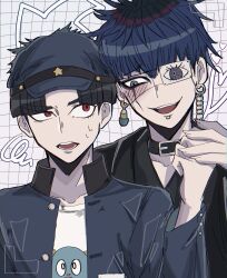 2boys black_hair blue_hair blue_hat blue_jacket blush bridge_piercing collar collarbone ear_piercing earrings eyepatch face_piercing fingernails hair_between_eyes hat heart holding_hands jacket japanese_clothes jewelry lip_piercing looking_at_another male_focus maruko_gaku multiple_boys omokage_yugamu one_eye_covered open_mouth parted_bangs parted_hair piercing red_eyes shirt simple_background teeth the_hundred_line_-last_defense_academy- tongue upper_body white_background white_shirt yaoi