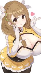 1girl blush braid breasts brown_eyes brown_hair cleavage corset dress elbow_gloves fire_emblem fire_emblem_engage gloves goldmary_(fire_emblem) hair_ribbon heart highres huge_breasts kocha_(jgug7553) long_hair looking_at_viewer low_ponytail mole mole_on_breast nintendo ponytail ribbon skirt smile solo upper_body white_gloves white_ribbon yellow_dress yellow_eyes yellow_skirt