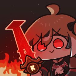 Rule 34 | 1girl, :&gt;, ahoge, black background, black choker, black shirt, black sweater, brown hair, chibi, choker, crucible (doom), doom (series), doom eternal, emo fashion, fire, glowing, hololive, hololive english, multicolored hair, nanashi mumei, nanashi mumei (emo), nightmare (nanashi mumei), one side up, red eyes, red sweater, shirt, streaked hair, striped clothes, striped sweater, sweater, sweater under shirt, t-shirt, two-tone sweater, underdatv, virtual youtuber