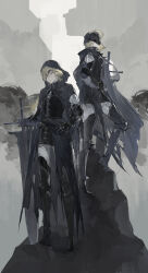 1boy 1girl absurdres armor black_armor blindfold blonde_hair blue_cape blue_eyes blurry blurry_background boulder cape chinese_commentary commentary cuirass dual_persona full_body gauntlets greaves hand_on_own_hip helmet highres holding holding_sword holding_weapon hood hood_down hood_up hooded_cape huge_weapon knight meru02295238 one_eye_covered original pants sabaton scar scar_on_face scar_on_mouth short_hair standing sword weapon white_pants