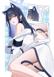 Rule 34 | 1girl, animal ear fluff, animal ears, bechu, blue archive, blue eyes, blue hair, blue halo, cat ears, cat girl, cat tail, coat, colored inner hair, extra ears, halo, highres, long hair, multicolored hair, saori (blue archive), solo, tail, white coat