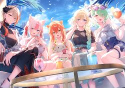 5girls absurdres ahoge aizawa_ema alternate_costume animal_ears aqua_hair black_footwear blonde_hair blue_eyes braid brown_hair ceres_fauna closed_mouth cloud cloudy_sky creator_connection crossed_bangs crossover eyewear_on_head gradient_hair green_eyes grey_hair heart heart-shaped_eyewear heterochromia highres hololive hololive_english kokuyou_lira kurokiri_aria long_hair looking_at_viewer mole mole_under_eye multicolored_hair multiple_girls nijisanji open_mouth orange_hair pink_eyes pink_hair plivyou red_hair scan shishido_akari short_sleeves sitting sky smile streaked_hair toosaka_asagi twitter_username vee_(vtuber) virtual_youtuber vspo! yellow_eyes
