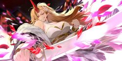1girl alternate_costume alternate_hairstyle blonde_hair breasts cleavage coat crystal cuffs dress flower fur-trimmed_coat fur_trim game_cg gold_trim grin hair_flower hair_ornament hair_stick highres holding holding_sword holding_weapon horns hoshiguma_yuugi hoshiguma_yuugi_(bold_white_ogre) lantern large_breasts long_hair looking_at_viewer official_art oni open_clothes open_coat paper_lantern pointy_ears ponytail red_eyes red_horns red_nails risui_(suzu_rks) shackles single_horn smile solo sword third-party_source touhou touhou_lostword weapon white_dress white_tiger_print