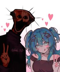 1girl 1other :d :q bare_shoulders blue_hair blush_stickers check_copyright copyright_request corrupted_twitter_file creepypasta crossover hair_between_eyes hair_ornament hairclip highres honi_net horror_(theme) lacey_(lacey_games) lacey_games long_hair looking_at_viewer off_shoulder open_mouth red_shirt shirt sidelocks single_blush_sticker smile the_boiled_one tongue tongue_out two_side_up v white_background white_eyes