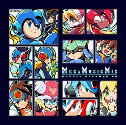 Rule 34 | 3girls, 6+boys, album cover, armor, assault visor, bass (mega man), black armor, black eyes, black helmet, blonde hair, blue-tinted eyewear, blue bodysuit, blue eyes, blue helmet, blue jacket, blush stickers, bodysuit, brown hair, ciel (mega man), close-up, closed eyes, commentary request, cover, facial mark, forehead jewel, forehead mark, geo stelar (mega man), girouette (mega man), green eyes, green hair, harp note (mega man), helmet, hi-go!, in-franchise crossover, jacket, lan hikari (mega man), long hair, mega man (character), mega man (classic), mega man (series), mega man battle network (series), mega man star force (series), mega man x (series), mega man zero (series), mega man zx, megaman.exe, mr. prog (mega man), multiple boys, multiple girls, pandora (mega man), pink helmet, profile, red-tinted eyewear, red eyes, red helmet, red jacket, roll (mega man), short hair, star force mega man, tinted eyewear, vent (mega man), white helmet, x (mega man), zero(z) (mega man), zero (mega man)