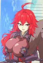 1boy 1girl ahoge anime_coloring armor armored_bodysuit bodysuit breasts commander_(nikke) commentary_request goddess_of_victory:_nikke hair_between_eyes hasamimushi holding_another&#039;s_arm huge_breasts jacket long_hair looking_at_viewer messy_hair military_jacket military_uniform nihilister_(nikke) out_of_frame outdoors red_eyes red_hair sky traditional_media upper_body
