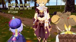 1boy 2girls 3d aether_(genshin_impact) blonde_hair english_text forest genshin_impact koikatsu_(medium) multiple_girls nature non-web_source qiqi_(genshin_impact) radish yaoyao_(genshin_impact)