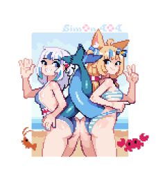 2girls adapted_costume ahoge animal_ears artist_name ass ass-to-ass bare_arms bare_legs bare_shoulders beach bikini blonde_hair blue_eyes blue_one-piece_swimsuit breasts commentary crab day ebi-chan_(gawr_gura) fins fish_tail gawr_gura grin hand_up hashtag-only_commentary hololive hololive_english indie_virtual_youtuber intertwined_tails kaniki_(sameko_saba) long_hair looking_at_viewer low_twintails multicolored_hair multiple_girls one-piece_swimsuit outdoors pixel_art sameko_saba shark_tail sharp_teeth shrimp sim0n404 small_breasts smile streaked_hair striped_bikini striped_clothes swimsuit tail teeth twintails two-tone_hair voice_actor_connection w white_hair