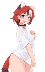 1girl :d absurdres animal_ears black_choker black_hair blue_eyes cat_ears cat_girl cat_tail choker commentary ear_piercing earrings english_commentary extra_ears fang freckles hair_between_eyes highres ivy_(nyaivie) jewelry looking_at_viewer multicolored_hair no_pants nyaivie open_mouth original piercing red_hair see-through_clothes see-through_shirt shirt shirt_tug short_hair short_sleeves simple_background skin_fang slit_pupils smile solo streaked_hair stud_earrings t-shirt tail thighs white_background white_hair white_shirt