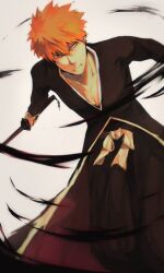 1boy aura bankai black_hakama black_jacket bleach brown_eyes closed_mouth dutch_angle hakama highres holding holding_sword holding_weapon jacket japanese_clothes kurosaki_ichigo male_focus obi orange_hair peppertea sash shihakusho solo sword tensa_zangetsu_(bankai) weapon white_background white_sash zanpakutou