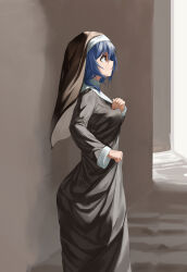 Rule 34 | 1girl, absurdres, alternate costume, black robe, black veil, blue hair, braid, breasts, clenched hand, closed mouth, floor, from side, furutani himawari, hair between eyes, hand on own chest, highres, keibi inu, large breasts, long sleeves, looking up, low twin braids, medium hair, nun, robe, simple background, sleeves rolled up, solo, standing, stone wall, traditional nun, twin braids, veil, wimple, yellow eyes, yuruyuri