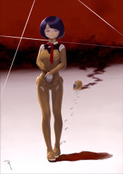 1girl blood closed_mouth commentary_request full_body gundam gundam_gquuuuuux helmet highres looking_at_viewer mecha_pilot_suit normal_suit_(gundam) own_hands_together purple_eyes purple_hair rustle shiiko_sugai short_hair smile solo unworn_headwear unworn_helmet
