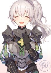 Rule 34 | 1girl, armor, breasts, large breasts, looking at viewer, mabinogi, pihne, pointing, pointing at self, ponytail, puffy sleeves, simple background, smile, user cnxm5537, white hair
