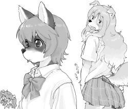 3girls blush body_fur bow bowtie dog_girl furry furry_female greyscale kikurage_(crayon_arts) long_hair looking_at_viewer looking_back monochrome multiple_girls original school_uniform short_hair simple_background skirt sweater_vest tail translation_request white_background