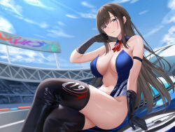 1girl arm_strap black_gloves black_thighhighs blue_eyes blue_sky breasts brown_hair car cleavage day gloves highres large_breasts long_hair motor_vehicle navel original race_queen ribbon sky suzuame_yatsumi tareme thighhighs