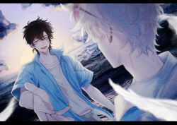 2boys beach belt bird black_hair blue_shirt brown_eyes cheng_xiaoshi cloud collared_shirt dutch_angle fangs feathers highres horizon letterboxed lu_guang male_focus multiple_boys ocean official_alternate_costume open_clothes open_mouth outdoors pants ponytail reaching reaching_towards_viewer shiguang_dailiren shirt short_hair short_ponytail short_sleeves sky smile sunglasses sunset viewfinder water white_feathers white_hair white_shirt yaoi yolu_gin