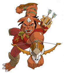 Rule 34 | 1boy, animal ears, archer (small soldiers), arrow (projectile), bow (weapon), crossbow, dark-skinned male, dark skin, full body, green eyes, male focus, official art, open mouth, sharp teeth, simple background, small soldiers, solo, teeth, ueyama michirou, weapon, white background