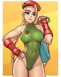 Rule 34 | 1girl, bag, bare shoulders, blonde hair, blue eyes, braid, breasts, cammy white, fingerless gloves, gloves, hand on own hip, hat, highleg, highleg leotard, highres, kim kai, large breasts, leotard, lips, long hair, sleeveless, street fighter, very long hair