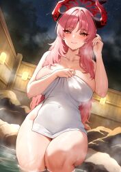 1girl absurdres black_horns blue_archive blush breasts brown_eyes closed_mouth collarbone commentary_request covered_navel demon_horns dutch_angle fence halo hands_up highres holika_baby horns lantern large_breasts long_hair looking_at_viewer multicolored_horns naked_towel night onsen outdoors pink_hair red_halo red_horns rock satsuki_(blue_archive) shooting_star sitting smile soaking_feet solo star_(sky) steam towel tree two-tone_horns very_long_hair water water_drop wet wooden_fence