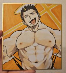 1boy abs bara black_hair facial_hair halo highres large_pectorals looking_at_viewer male_focus male_swimwear male_swimwear_pull mature_male muscular muscular_male navel nipples osu_(osumankokuou) pectorals photo_(medium) pulling_own_clothes sanpaku seductive_smile shikishi short_hair smile solo stubble swim_briefs tokyo_houkago_summoners tongue tongue_out topless_male yellow_eyes zabaniyya_(fashionista_swimsuit)_(housamo) zabaniyya_(housamo)