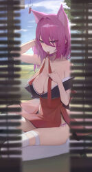1girl absurdres animal_ear_fluff animal_ears arm_up bare_shoulders bikini bikini_bottom_only breasts cleavage cloud cloudy_sky collarbone commentary_request dress extra_ears full_body hair_between_eyes hakama hakama_skirt highres japanese_clothes large_breasts light_blush long_hair long_skirt looking_to_the_side mouth_hold no_shoes on_floor original pink_bikini pink_hair purple_eyes red_ribbon red_skirt ribbon ribbon_in_mouth satellite999 sidelocks sitting skirt sky sleeveless sleeveless_dress socks solo string_bikini summer sweat sweatdrop swimsuit thighhighs thighs wariza white_socks white_thighhighs