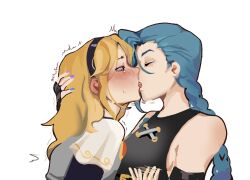 2girls arcane:_league_of_legends arcane_jinx bare_shoulders black_hairband blonde_hair blush braid french_kiss from_side green_hair hairband heart highres jinx_(league_of_legends) kid_sppinarl kiss kiss_focus league_of_legends long_hair looking_at_another lux_(league_of_legends) multiple_girls nail_polish profile short_sleeves smile sweat tearing_up trembling upper_body yuri