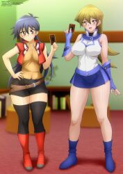 2girls antenna_hair belt black_hair black_shorts black_thighhighs blue_boots blue_gloves blue_skirt blush book bookshelf boots breasts brown_belt brown_eyes brown_hair brown_shirt card chair fingerless_gloves gloves hand_on_own_hip holding holding_card jacket large_breasts long_hair looking_at_viewer multiple_girls open_clothes open_jacket open_mouth red_boots red_jacket saotome_rei shirt short_sleeves shorts skirt sleeveless sleeveless_shirt smile standing tenjouin_asuka thighhighs white_shirt yu-gi-oh! yu-gi-oh!_gx zel-sama
