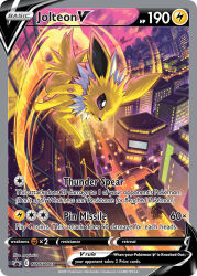 animal_focus artist_name building car card_(medium) character_name city company_name copyright_name copyright_notice english_text full_body gen_1_pokemon jolteon motion_blur motor_vehicle nagimiso night nintendo no_humans official_art open_mouth pokemon pokemon_(creature) pokemon_card pokemon_focus pokemon_tcg road solo street third-party_source trading_card