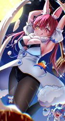 2girls :q absurdres arms_up black_leotard black_pantyhose breasts clothing_cutout coat coat_dress cosplay detached_sleeves dress frilled_thigh_strap fur-trimmed_coat fur_scarf fur_trim heterochromia highres hololive houshou_marine kine large_breasts leotard leotard_under_clothes long_hair mallet mochitsuki multiple_girls pantyhose playboy_bunny puffy_detached_sleeves puffy_short_sleeves puffy_sleeves red_eyes red_hair rkc scarf short_sleeves solo_focus strapless strapless_leotard thigh_strap tongue tongue_out tsukimi twintails underboob_cutout usada_pekora usada_pekora_(1st_costume) usada_pekora_(cosplay) virtual_youtuber white_coat white_scarf white_sleeves yellow_eyes