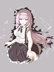 1girl 1other absurdres blue_eyes blue_skirt breasts broken_glass chinese_commentary commentary_request cropped_legs disembodied_hand elf elysia_(honkai_impact) glass grey_background hairband highres holding_hands honkai_(series) honkai_impact_3rd large_breasts long_hair official_alternate_costume pink_hair pointy_ears shirt simple_background skirt white_hairband white_shirt zhezhezhe95646