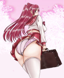1girl ass bag breasts butt_crack closed_mouth holding holding_bag kousaka_tamaki long_hair looking_at_viewer medium_breasts panties pantyshot red_hair red_sailor_collar red_skirt sailor_collar shirt skirt smile solo thighhighs tk_(butakuma) to_heart_(series) to_heart_2 underwear white_panties white_shirt white_thighhighs yellow_eyes