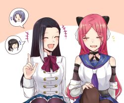 +++ 4girls :d ^_^ arm_at_side assault_lily bare_shoulders belt black_belt black_choker black_hair blue_eyes blue_sailor_collar blue_skirt blush bob_cut bow bowtie breasts brown_pantyhose chibi choker closed_eyes closed_mouth commentary_request crop_top detached_sleeves gradient_hair grey_hair grey_shirt hairpods half_updo hand_on_own_knee hand_up head_only herensuge_girls_academy_school_uniform heterochromia index_finger_raised jacket jin_no_hana kagawa_makina knee_up layered_sleeves long_hair long_sleeves medium_breasts miniskirt multicolored_hair multiple_girls nigari_(ngari_0115) notice_lines o-ring o-ring_choker odaiba_girls_high_school_uniform open_mouth orange_background pantyhose parted_bangs pink_eyes pleated_skirt red_bow red_bowtie red_hair ribbed_shirt sailor_collar school_uniform serafuku shiba_tomoshibi shin_no_hana shirt short_hair side-by-side sitting skirt smile speech_bubble spoken_character triangle_mouth two-tone_background two-tone_hair undershirt upper_body white_background white_choker white_jacket white_shirt yellow_eyes