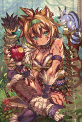 1girl animal animal_ears apple black_thighhighs blurry blurry_foreground breasts brown_hair cat_ears cat_tail claws cleavage crossed_legs day earrings eating facial_mark facial_tattoo female_focus food fruit fur_bikini grass green_eyes green_hairband hairband highres holding holding_food jewelry kink_(tortoiseshell) large_breasts looking_at_viewer medium_breasts multicolored_hair mushroom nature necklace original outdoors planted sitting solo sword tail tattoo thighhighs topknot tree_stump tribal tribal_tattoo weapon white_hair
