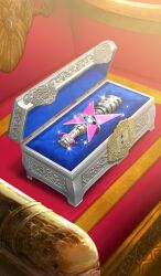box commentary diffraction_spikes fate/grand_order fate_(series) in_box in_container lasengle microphone no_humans object_focus official_art red_background sparkle still_life third-party_source