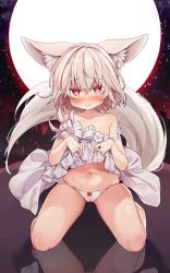 1girl animal_ear_fluff animal_ears bad_id bad_pixiv_id bare_shoulders blade_&amp;_soul blush clothes_lift dress dress_lift flower full_body groin heart heart-shaped_pupils lifting_own_clothes loli long_tail looking_at_viewer lyn_(blade_&amp;_soul) moon navel open_mouth outdoors panties red_eyes short_hair silver_hair sly solo star_(sky) strapless strapless_dress symbol-shaped_pupils tail thighs tsuka underwear white_dress white_panties wolf_ears wolf_tail