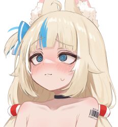 Rule 34 | 1girl, @ @, absurdres, animal ear fluff, animal ears, barcode, barcode tattoo, bare shoulders, blonde hair, blue eyes, blue hair, blush, cat ears, collarbone, highres, implied nudity, indie virtual youtuber, long hair, lucien 000298, multicolored hair, one side up, sameko saba, shoulder tattoo, simple background, streaked hair, tattoo, upper body, virtual youtuber, white background