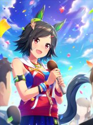 Rule 34 | 1girl, absurdres, animal ears, armband, artist request, bandaid, bandaid on cheek, bandaid on face, bare shoulders, black hair, blue skirt, blue sky, blue sports bra, bracelet, breasts, cleavage, cloud, confetti, cowboy shot, day, dot nose, eyelashes, faceless, faceless female, faceless male, fingernails, game cg, green armband, hair ornament, hairclip, happy, highres, holding, holding microphone, hood, hood down, hooded jacket, horse ears, horse girl, horse tail, jacket, jewelry, light blush, light particles, looking ahead, microphone, multiple bracelets, necklace, official art, open mouth, outdoors, pleated skirt, pocket, red eyes, red jacket, reporter, short hair, skirt, sky, sleeveless, sleeveless jacket, smile, solo focus, sparkle, sports bra, standing, tail, tail raised, tan, tareme, umamusume, white hood, winning ticket (umamusume), wristband, zipper, zipper pull tab