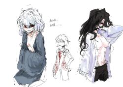 1girl black_hair black_pants blue_kimono breasts cleavage collared_shirt crest genderswap genderswap_(mtf) hair_over_one_eye japanese_clothes kimono large_breasts long_hair looking_at_viewer michael_roa_valdamjong open_clothes open_shirt pants red_eyes rong301718 rough_sketch shirt sketch smile sweat tohno_shiki_(2) tsukihime white_hair white_shirt