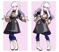 Rule 34 | 1girl, black pantyhose, boots, border, buttons, closed mouth, commentary, english commentary, fire emblem, fire emblem: three houses, full body, garreg mach monastery uniform, hands on own hips, highres, long hair, long sleeves, looking at viewer, lysithea von ordelia, missandydandy, nintendo, outside border, pantyhose, pink background, pink eyes, simple background, white border, white footwear, white hair