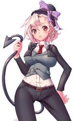 1girl :p aiguillette albino artist_name bad_id bad_pixiv_id belt black_hat black_pants bow breasts character_request cowboy_shot demon_tail female_focus grey_shirt hand_on_own_hip hat hat_bow highres holding_tail large_breasts legs_apart looking_at_viewer maplestory messy_hair necktie pants ranken red_eyes red_necktie shirt short_hair simple_background skin_tight smile solo standing striped_bow tail tongue tongue_out top_hat white_background white_hair white_shirt