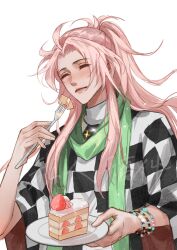 1boy absurdres ahoge bracelet cake cake_slice checkered_clothes checkered_shirt chinese_commentary closed_eyes closed_mouth commentary_request cross cross_necklace curtained_hair food fork glint green_scarf hatsutori_hajime highres holding holding_fork holding_plate jewelry long_hair male_focus necklace official_alternate_costume official_alternate_hairstyle parted_bangs pink_hair plate ponytail saibou_shinkyoku scarf shirt sidelocks simple_background solo upper_body wenhuo98801 white_background