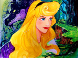 2girls aurora_(disney) blonde_hair blue_eyes dragon dress forest long_hair long_sleeves looking_at_viewer makeup maleficent multiple_girls nature nyamunekonabe sleeping_beauty_(disney) tagme toon_(style)