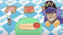 2boys black_hat bread bright_pupils commentary_request disembodied_hand facial_hair food game_freak grin hat leon_(pokemon) long_hair male_focus mini_person miniboy multiple_boys nintendo plate pokemon pokemon_swsh purple_hair rose_(pokemon) sliced_meat smile teeth tomato tomato_slice tsuruba_(tsu41014812) watermark yellow_eyes