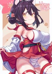 1girl ahoge black_hair blue_archive breasts commentary_request detached_sleeves fang fundoshi hair_between_eyes hair_bun hair_ornament hakama hakama_short_skirt hakama_skirt halo highres hip_vent japanese_clothes kaede_(blue_archive) large_breasts looking_at_viewer oppai_loli paid_reward_available puddinghomhom raccoon_girl red_hakama red_halo red_sailor_collar sailor_collar short_hair single_side_bun skin_fang skirt smile thighhighs white_thighhighs yellow_eyes