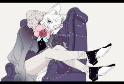 1boy animal_hands armchair babeldj black_shirt blue_eyes body_fur bow bowtie cape cat_boy chair claws colored_eyelashes commentary_request furry furry_male grey_background letterboxed long_sleeves looking_at_viewer male_focus one_eye_closed original pink_bow pink_bowtie puffy_long_sleeves puffy_sleeves shirt simple_background sitting solo tail whiskers white_fur